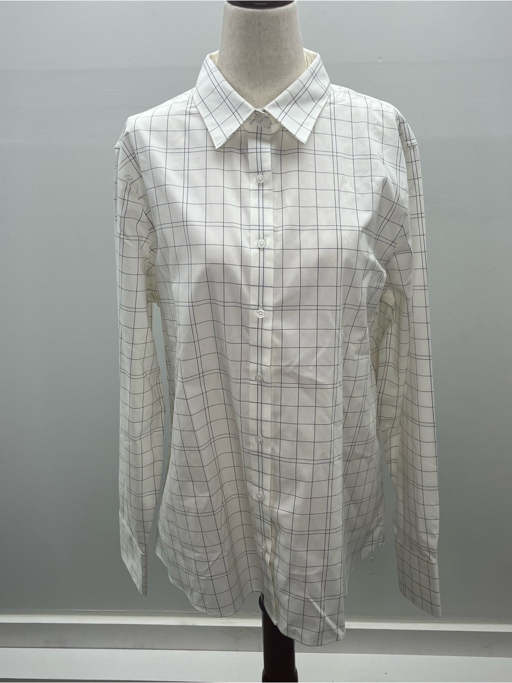 Lands' End No Iron Supima NWT Women’s Ivory Windowpane Plaid Dress Shirt 14